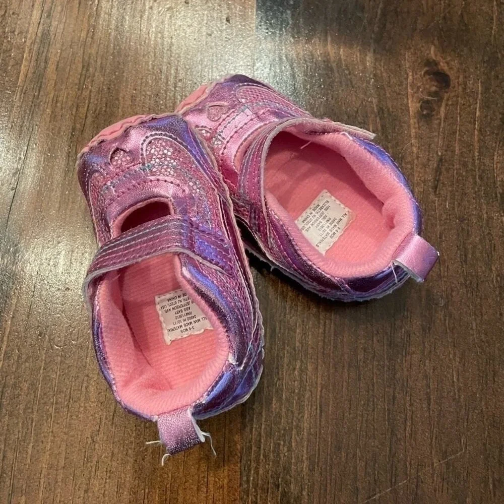 Baby Mary Jane‎ Crib Shoes Kids 3-6M Pink Metallic Glitter Heart Casual Cute